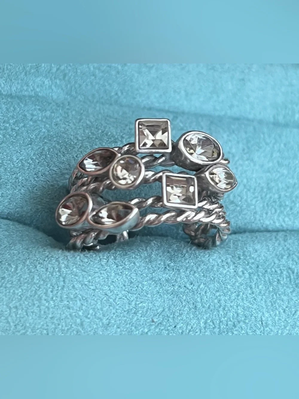 Silver-Tone Adjustable Wrap Cocktail Ring Multi-Row Twisted Rope Clear Crystals